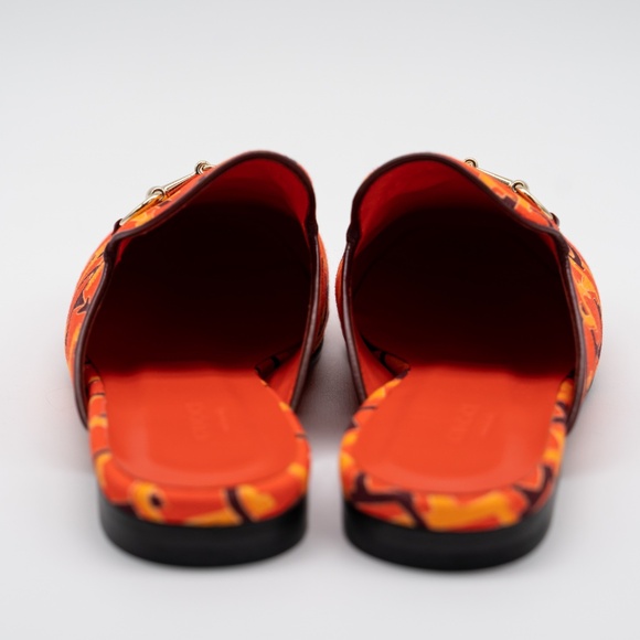 size 39.5G 9.5 US Gucci Princetown Horsebit Print Orange Mules Slip On - Picture 5 of 13